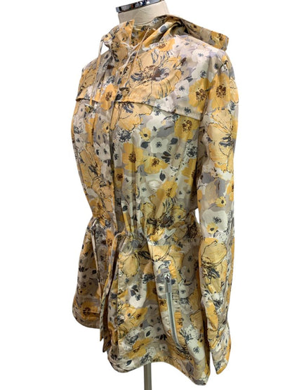 Size 1X Merona Womens Yellow Floral Print Rain Jacket Drawstring Waist Hood