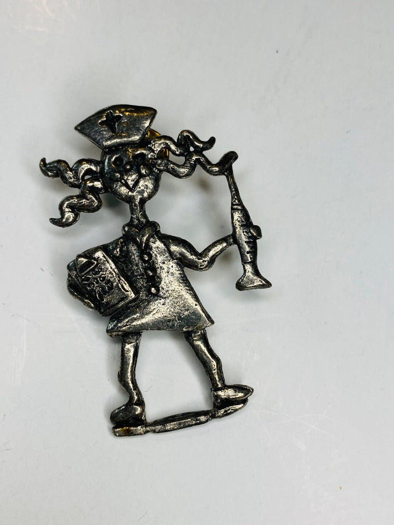 Vintage H Adams Signed Crazy Hair Nurse Lapel Pin Silvertone 2.2"