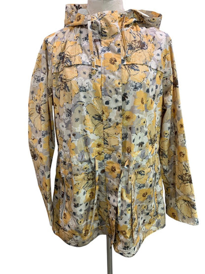 Size 1X Merona Womens Yellow Floral Print Rain Jacket Drawstring Waist Hood