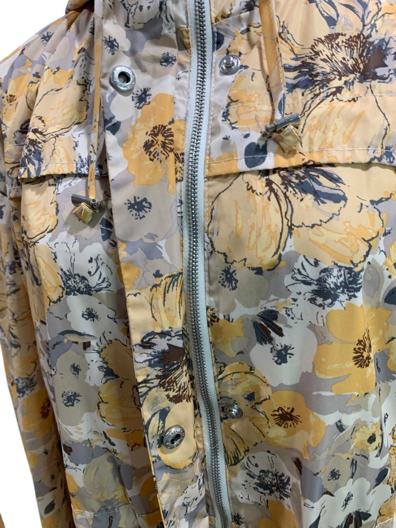 Size 1X Merona Womens Yellow Floral Print Rain Jacket Drawstring Waist Hood