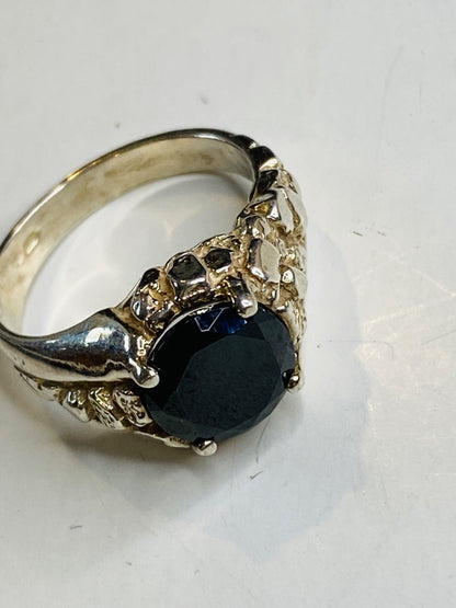 Size 10.5 Silvertone Costume Jewelry Ring Faceted Dark Red Glass