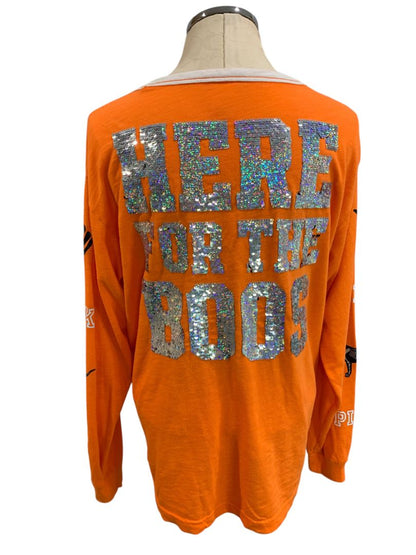 Size Medium Pink Brand Jersey Style "Here for the Boos" Womens Shirt Orange Sequin