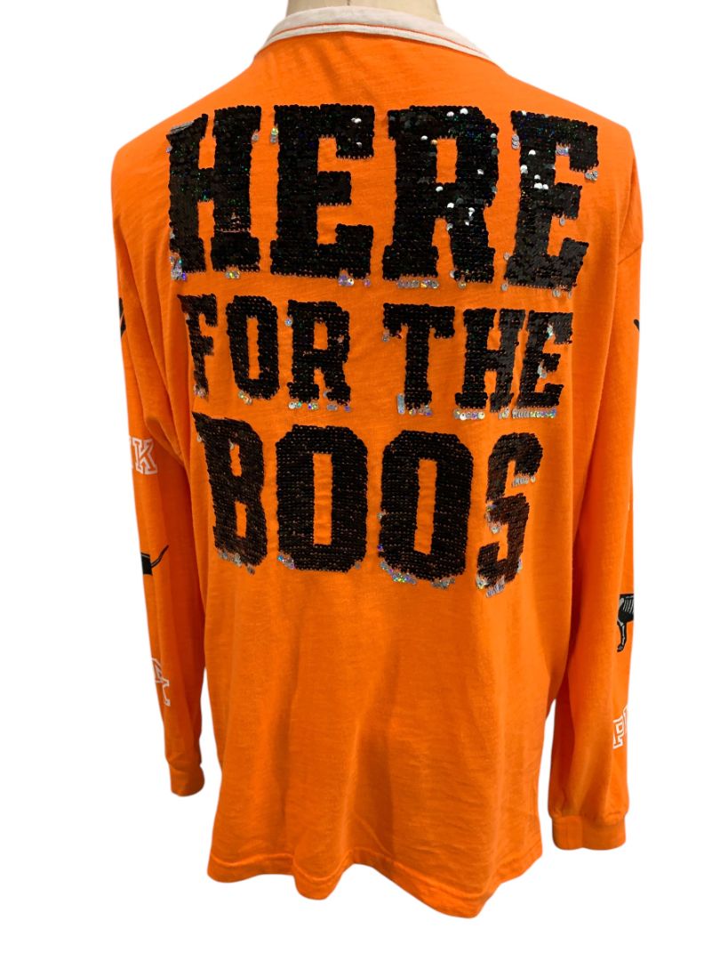 Size Medium Pink Brand Jersey Style "Here for the Boos" Womens Shirt Orange Sequin