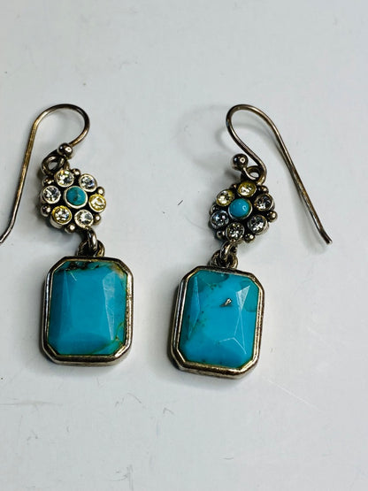 Vintage Signed Barse Sterling Silver Turquoise Pierced Earrings Drop Dangle 1.5"