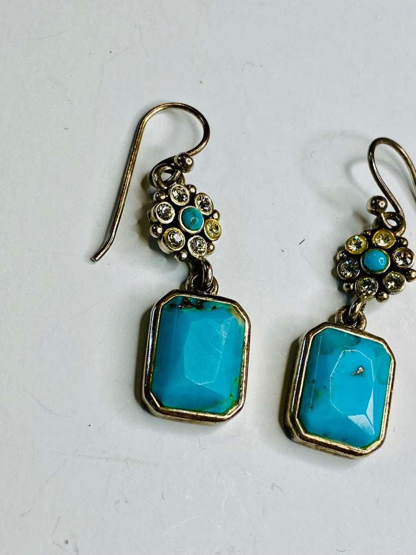 Vintage Signed Barse Sterling Silver Turquoise Pierced Earrings Drop Dangle 1.5"
