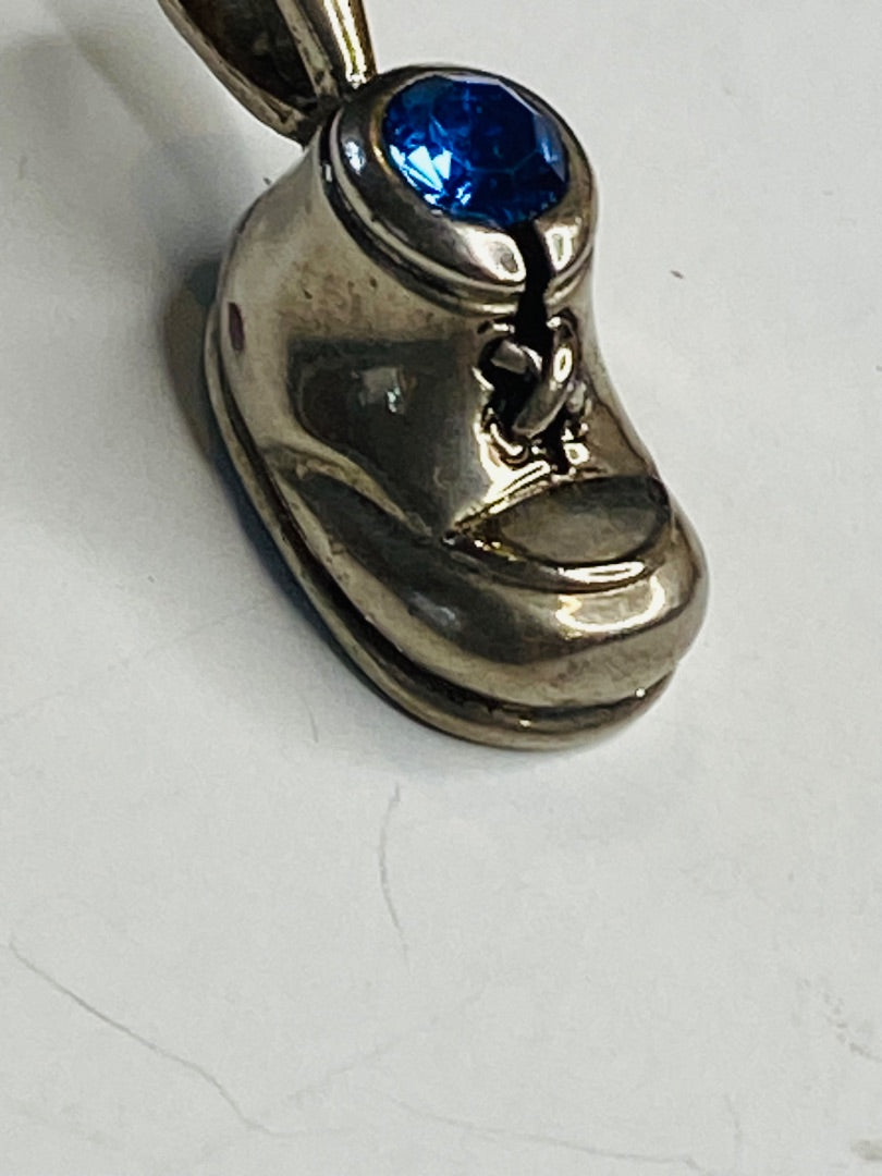 Vintage Sterling Silver 925 Babys Shoe Charm with Sapphire Rhinestone September 23mm