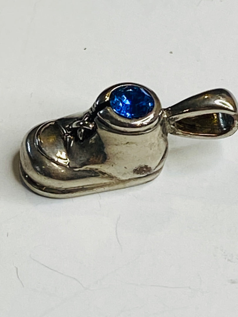 Vintage Sterling Silver 925 Babys Shoe Charm with Sapphire Rhinestone September 23mm