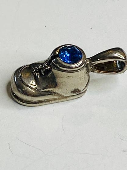 Vintage Sterling Silver 925 Babys Shoe Charm with Sapphire Rhinestone September 23mm