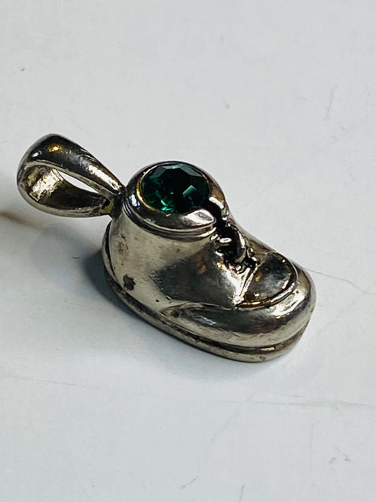 Vintage Sterling Silver 925 Babys Shoe Charm Emerald Color Rhinestone May 23mm