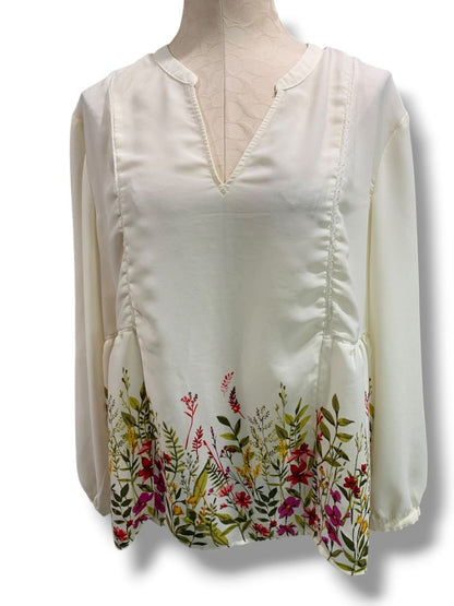 Size XL Old Navy Womens Pullover Cream Blouse Shirt Floral Hem Pattern