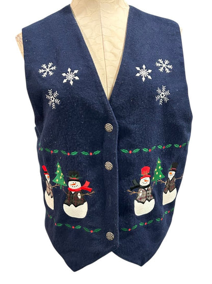 Large Karen Scott Womens Holiday Christmas Button Up Vest Embroidered Navy Blue