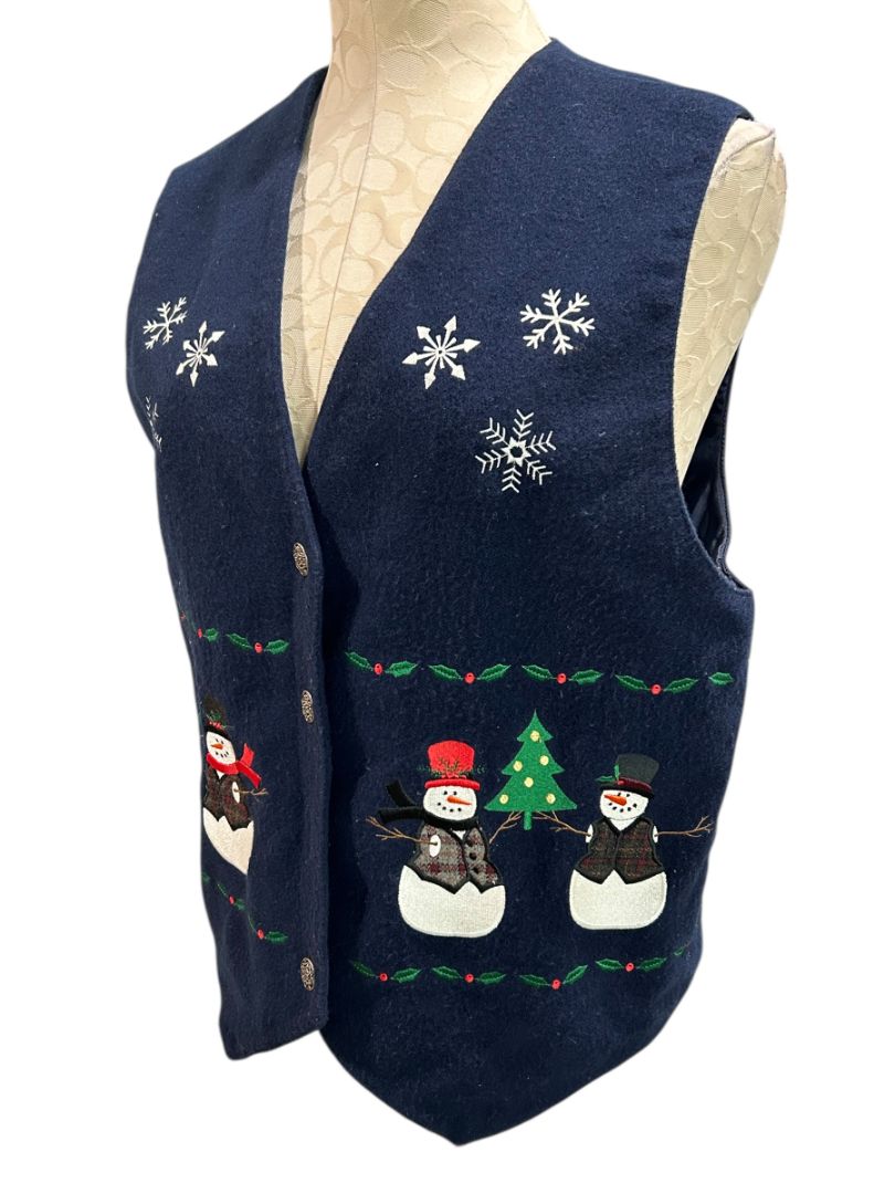 Large Karen Scott Womens Holiday Christmas Button Up Vest Embroidered Navy Blue