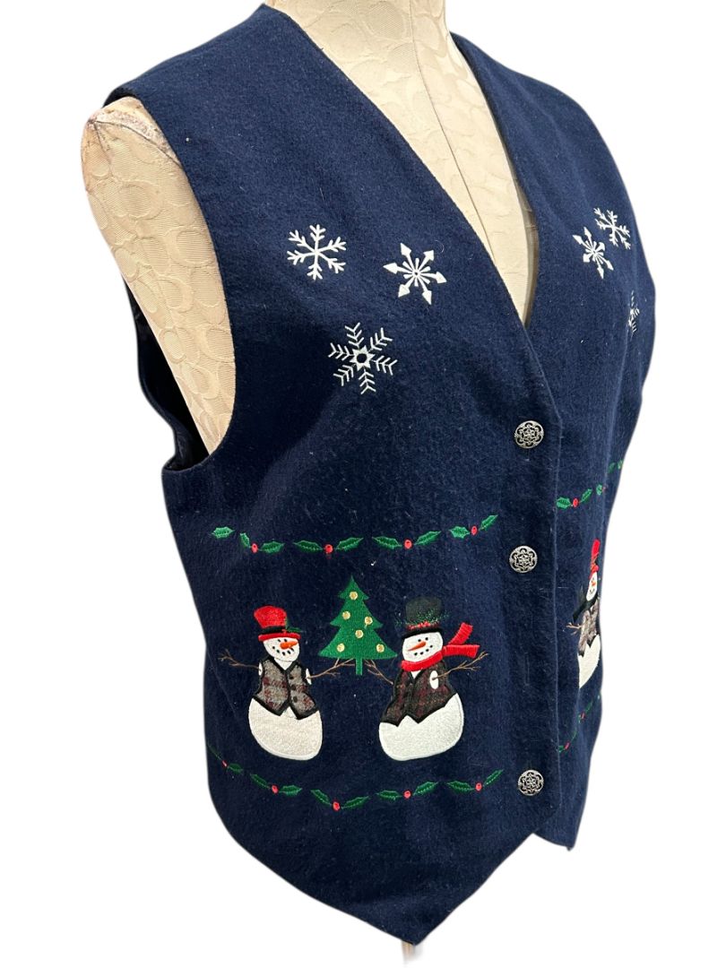 Large Karen Scott Womens Holiday Christmas Button Up Vest Embroidered Navy Blue