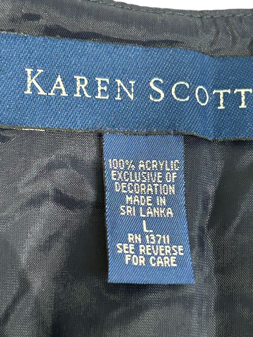 Large Karen Scott Womens Holiday Christmas Button Up Vest Embroidered Navy Blue