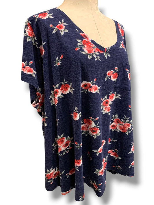 Size 3X Torrid Womens Navy Blue Tshirt Rose Print V-Neck Classic Fit