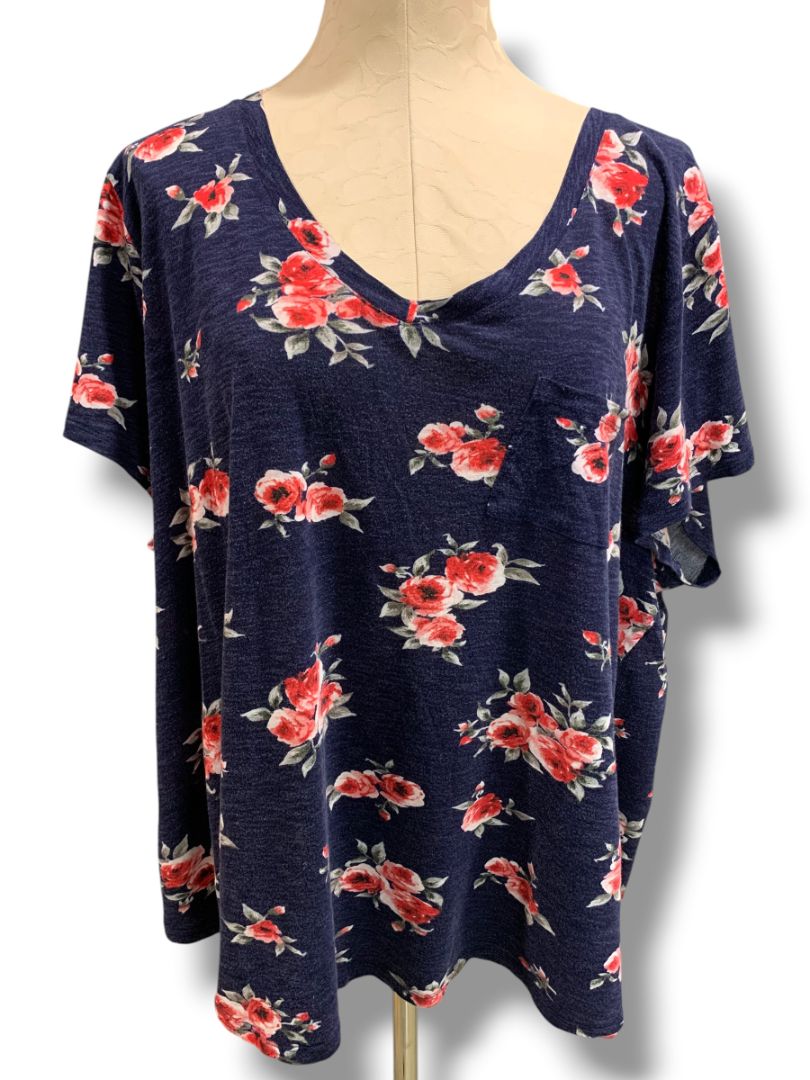 Size 3X Torrid Womens Navy Blue Tshirt Rose Print V-Neck Classic Fit