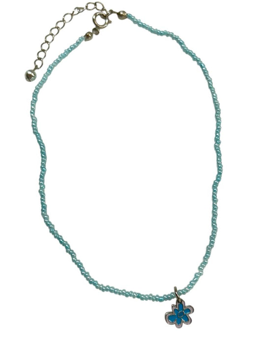 Child 12-14" Seed Bead Necklace Blue Floral Pendant Spring Clasp