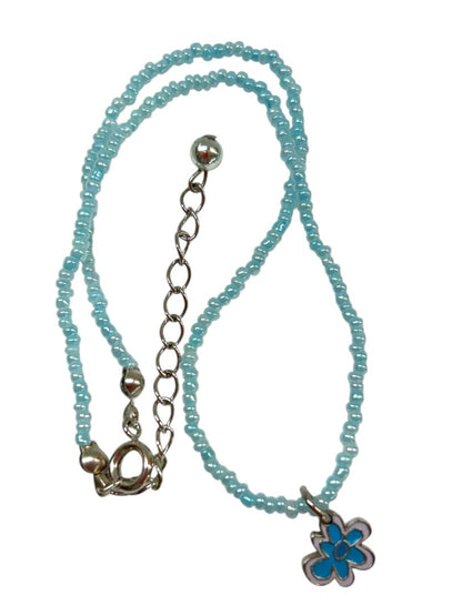 Child 12-14" Seed Bead Necklace Blue Floral Pendant Spring Clasp