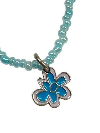 Child 12-14" Seed Bead Necklace Blue Floral Pendant Spring Clasp