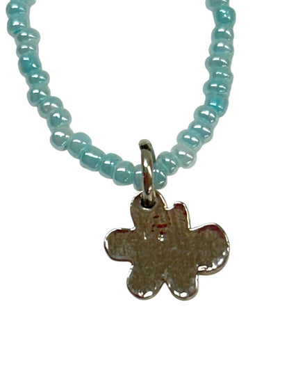 Child 12-14" Seed Bead Necklace Blue Floral Pendant Spring Clasp