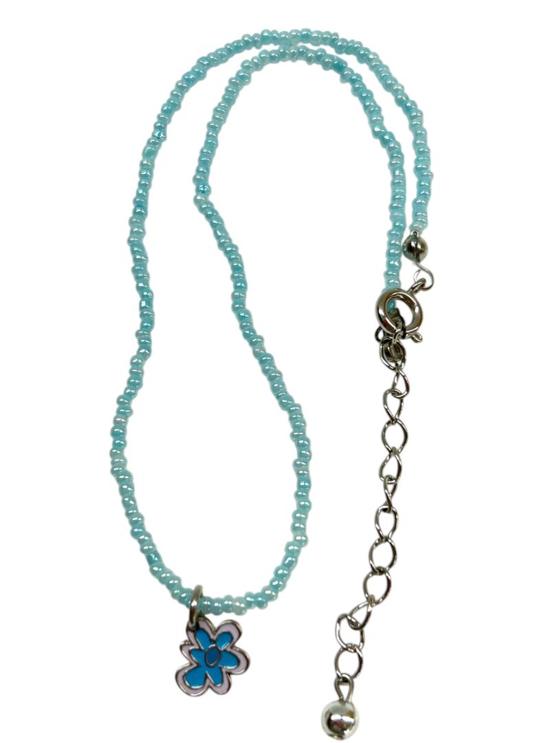 Child 12-14" Seed Bead Necklace Blue Floral Pendant Spring Clasp
