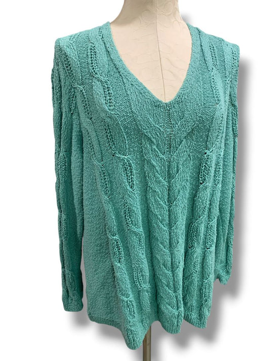 Size XL J.Jill Womens Sea Foam Green V-Neck Cable Knit Sweater