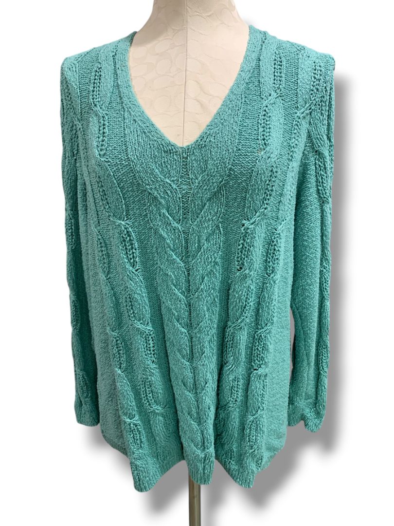 Size XL J.Jill Womens Sea Foam Green V-Neck Cable Knit Sweater