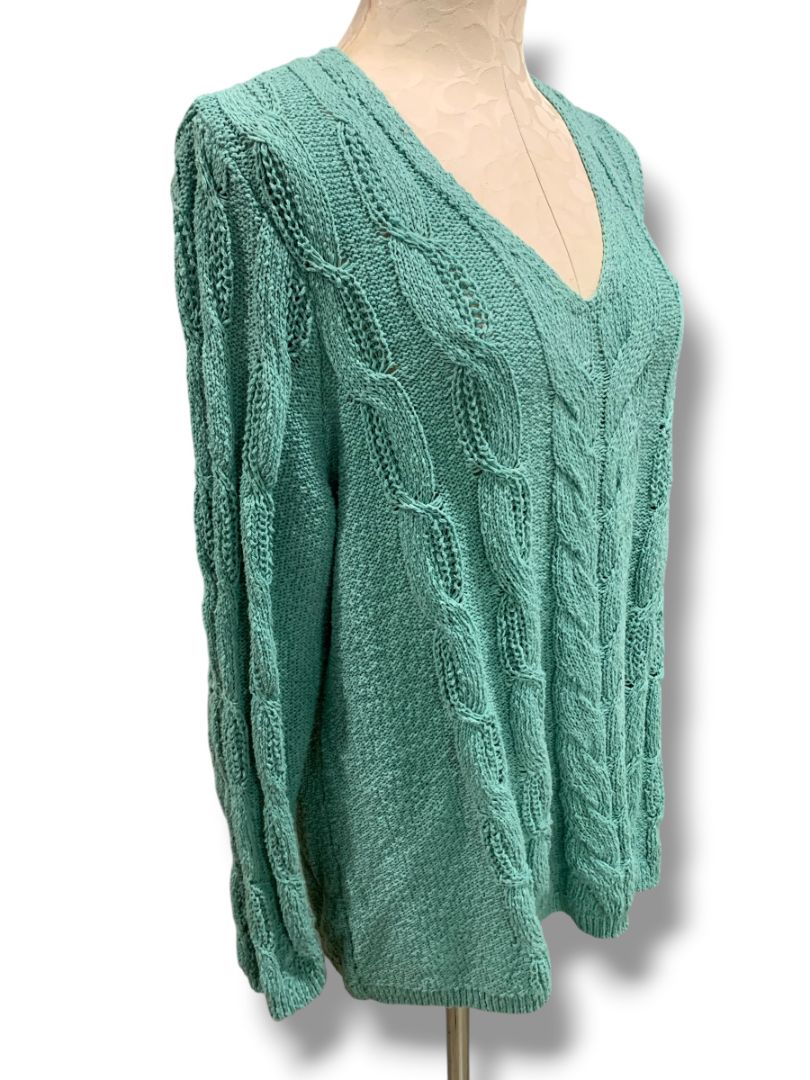 Size XL J.Jill Womens Sea Foam Green V-Neck Cable Knit Sweater