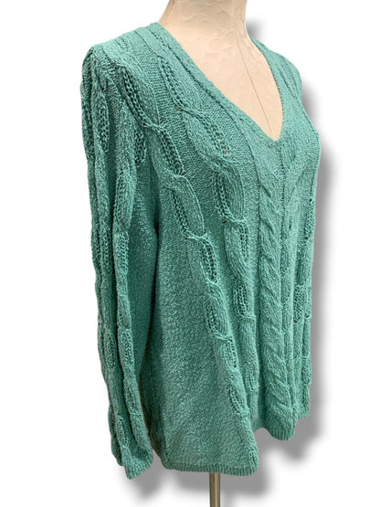 Size XL J.Jill Womens Sea Foam Green V-Neck Cable Knit Sweater