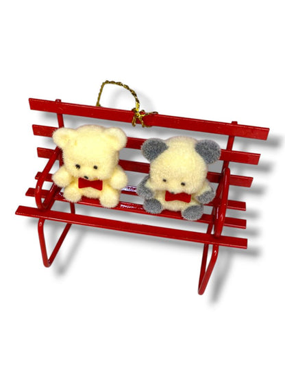 Vintage Flocked Teddy Bears on Metal Bench Christmas Ornament 3"