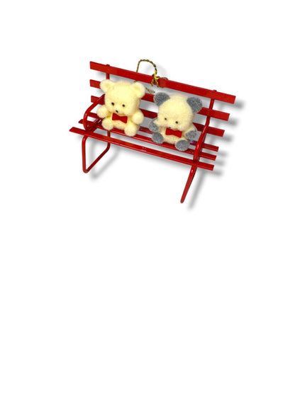 Vintage Flocked Teddy Bears on Metal Bench Christmas Ornament 3"