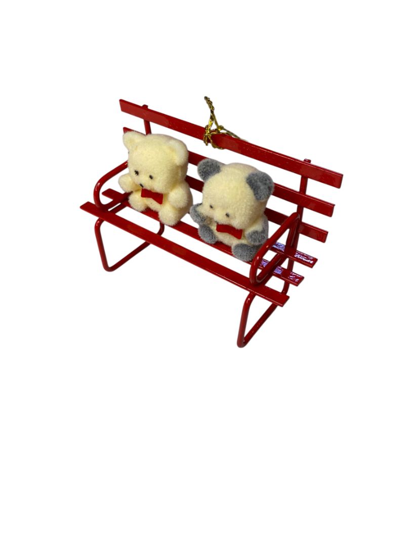Vintage Flocked Teddy Bears on Metal Bench Christmas Ornament 3"