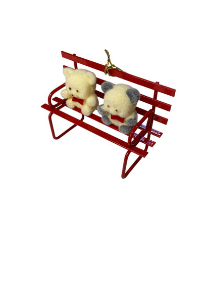 Vintage Flocked Teddy Bears on Metal Bench Christmas Ornament 3"
