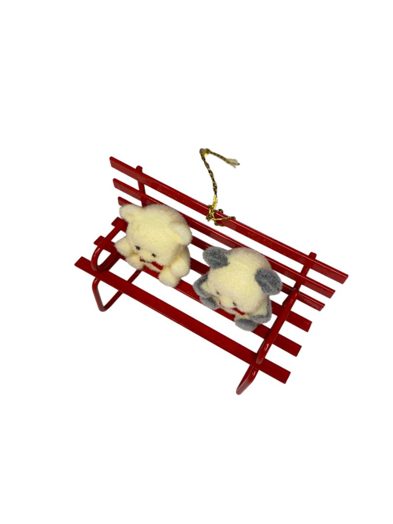 Vintage Flocked Teddy Bears on Metal Bench Christmas Ornament 3"