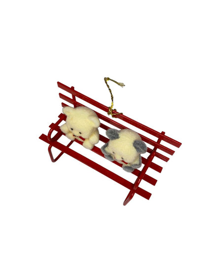 Vintage Flocked Teddy Bears on Metal Bench Christmas Ornament 3"