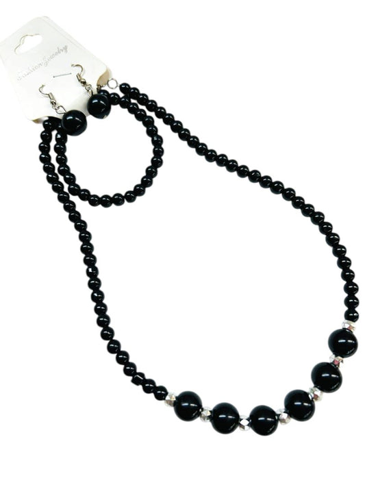 New Black Beaded Jewelry Set Necklace Stretch Bracelet Fishhook Earrings