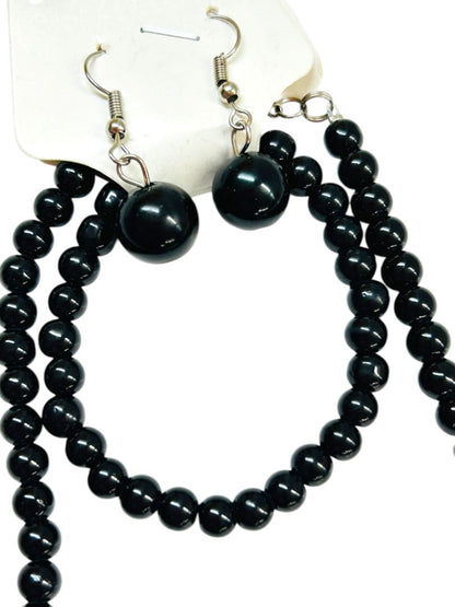 New Black Beaded Jewelry Set Necklace Stretch Bracelet Fishhook Earrings