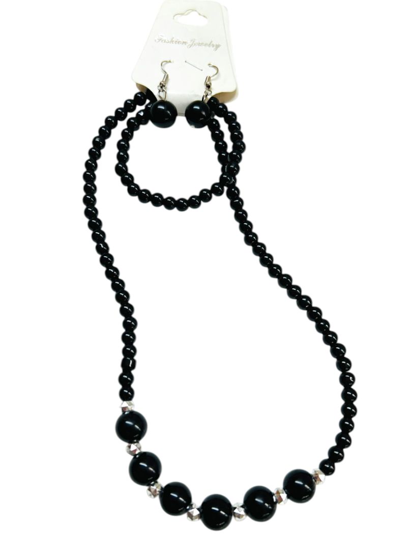New Black Beaded Jewelry Set Necklace Stretch Bracelet Fishhook Earrings