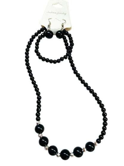 New Black Beaded Jewelry Set Necklace Stretch Bracelet Fishhook Earrings