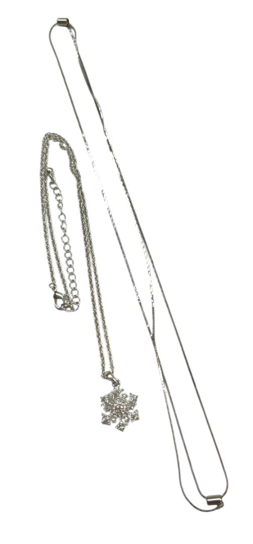2 Silvertone Chain Necklaces Snowflake Sparkle Pendant 17-20" Adjustable Slide Pull 29"