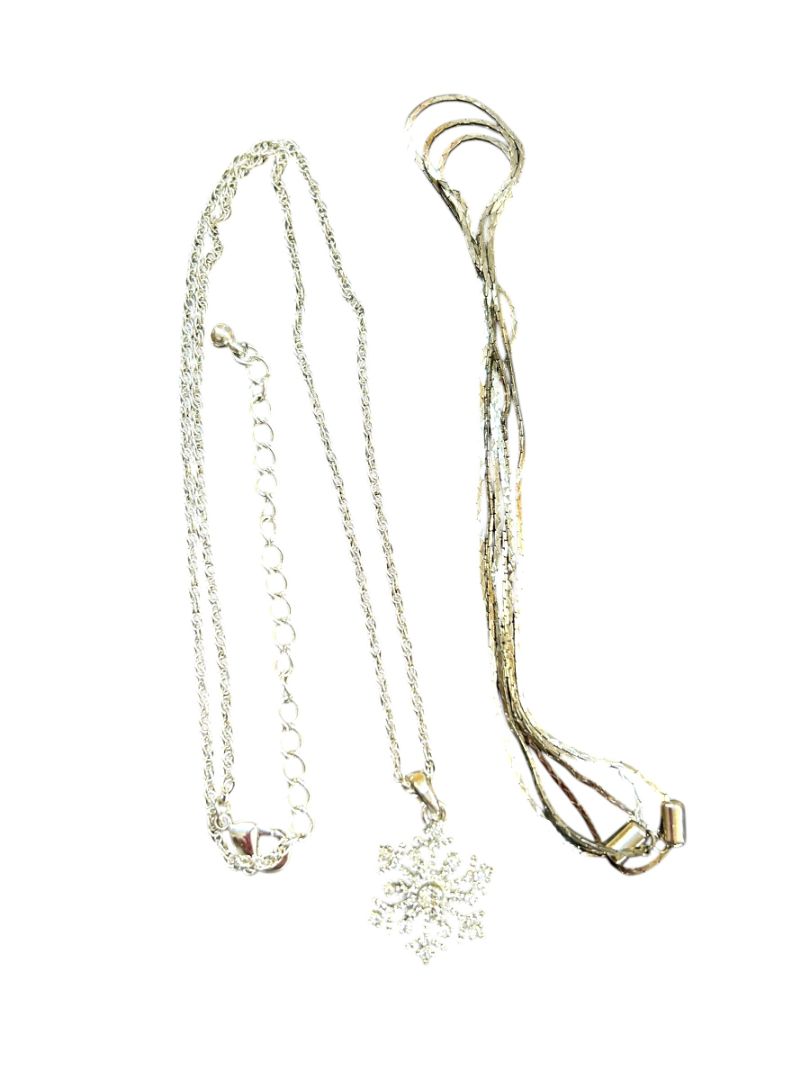 2 Silvertone Chain Necklaces Snowflake Sparkle Pendant 17-20" Adjustable Slide Pull 29"