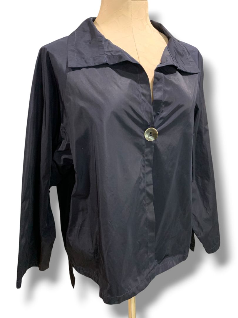 One Size Planet by Lauren G Womens Navy Blue Single Button Shirt Lagenlook