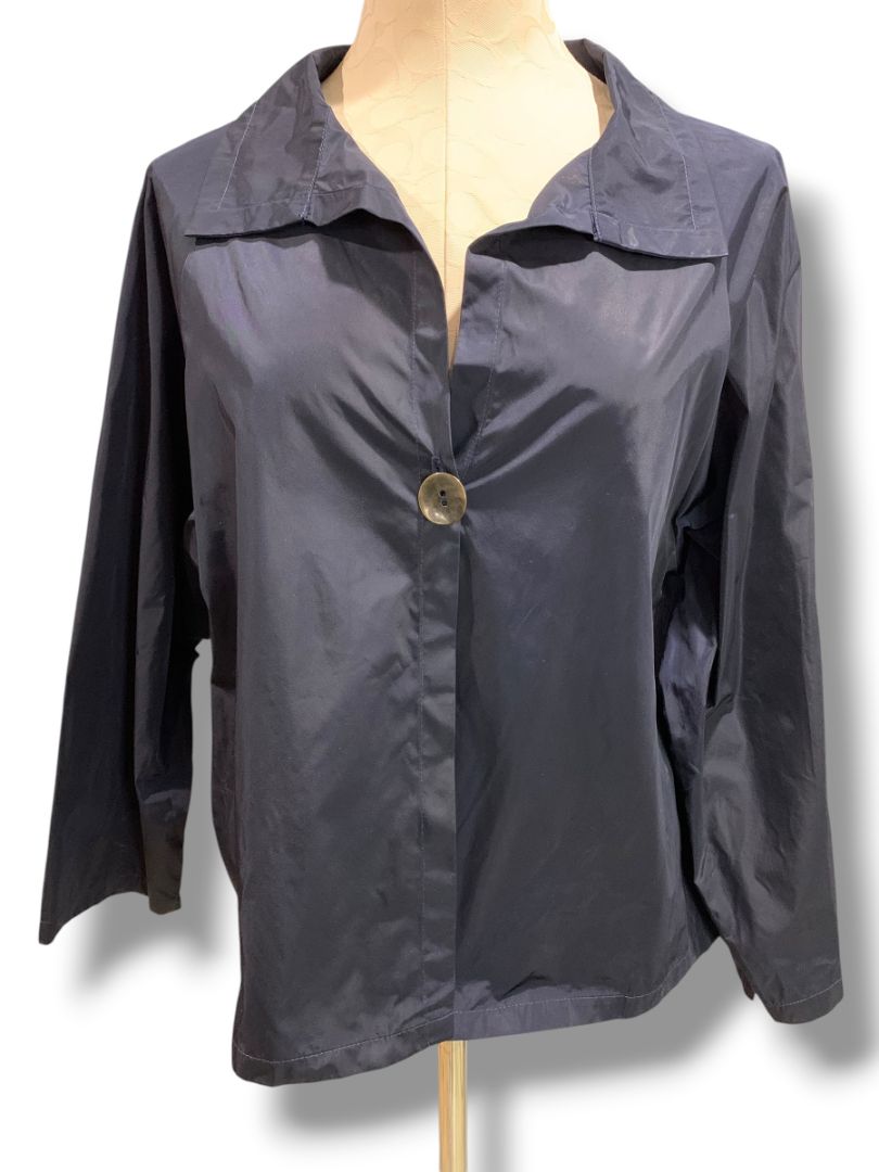 One Size Planet by Lauren G Womens Navy Blue Single Button Shirt Lagenlook