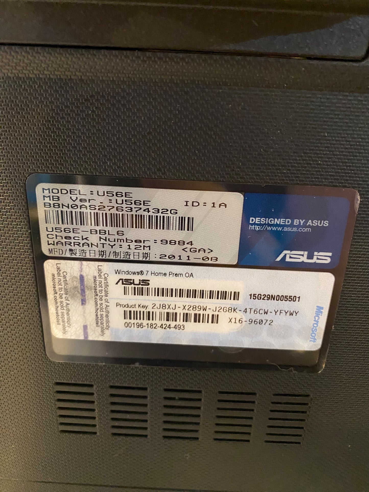 Asus US56E Laptop Computer 15" Windows 7 Home Prem OA