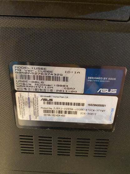 Asus US56E Laptop Computer 15" Windows 7 Home Prem OA
