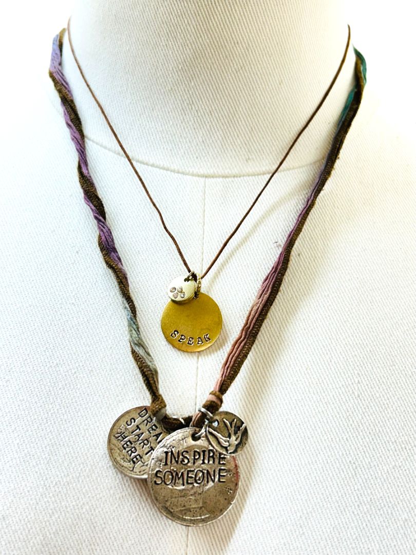 2 Charm Pendant Necklaces "Speak" on Cord 17" Tie Ribbon Inspire 30" Tied