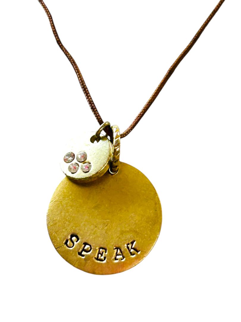2 Charm Pendant Necklaces "Speak" on Cord 17" Tie Ribbon Inspire 30" Tied