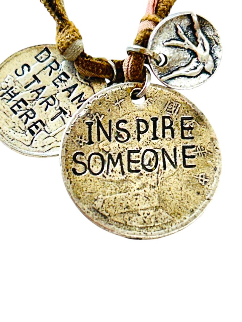 2 Charm Pendant Necklaces "Speak" on Cord 17" Tie Ribbon Inspire 30" Tied