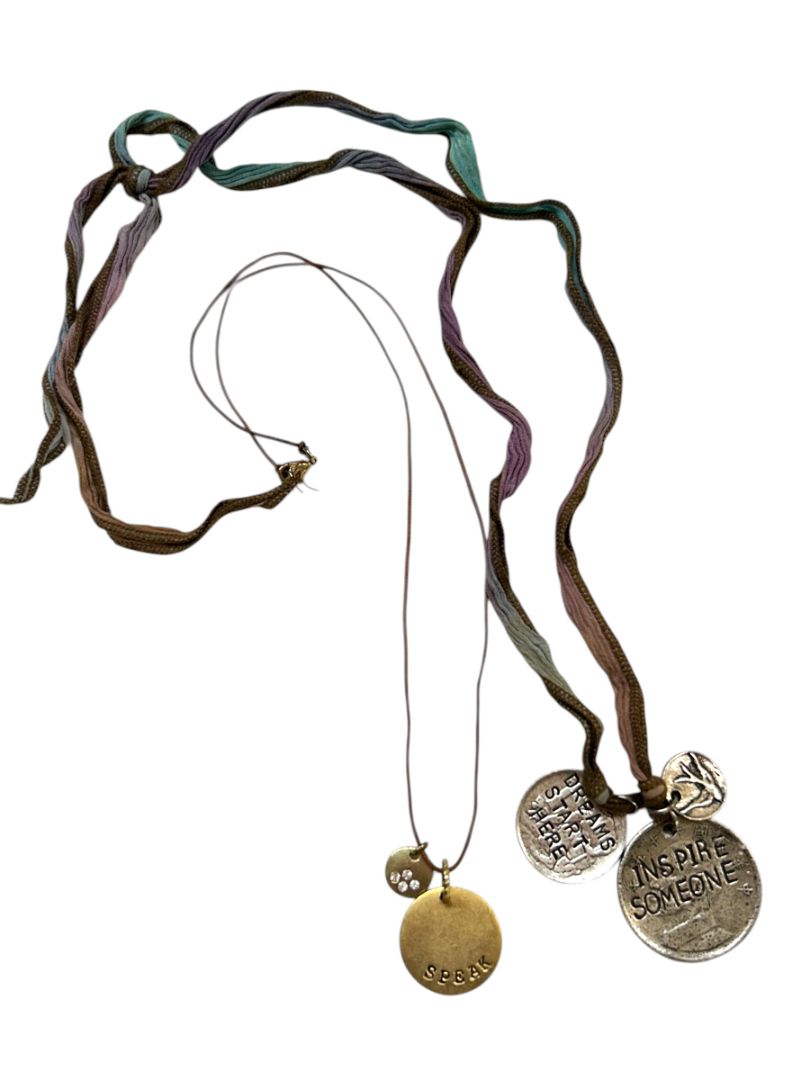 2 Charm Pendant Necklaces "Speak" on Cord 17" Tie Ribbon Inspire 30" Tied
