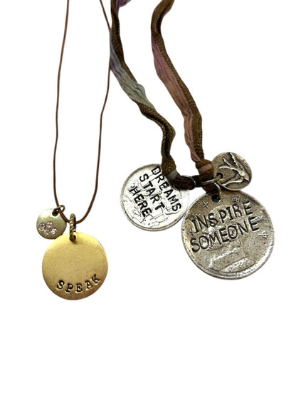 2 Charm Pendant Necklaces "Speak" on Cord 17" Tie Ribbon Inspire 30" Tied